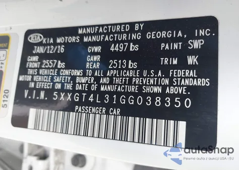 2016 Kia Optima Lx z USA, uszkodzony, nr VIN 5XXGT4L31GG038350